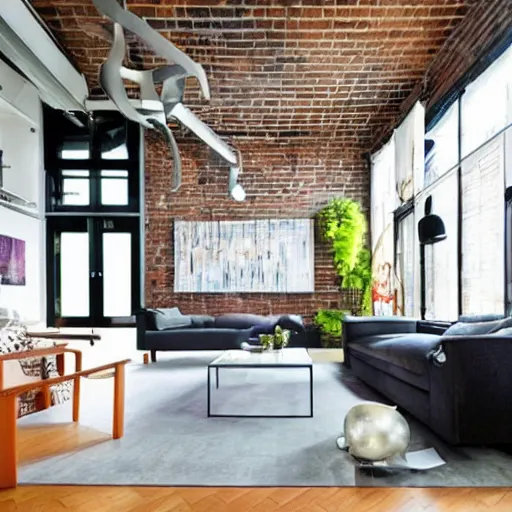 Prompt: trendy loft with modern murals on the wall, trendy modern art and patterns, interior design, stunning architecture