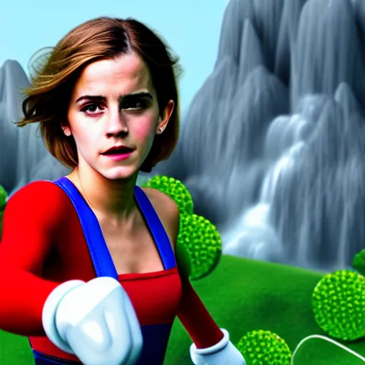 Image similar to emma watson as super mario, highly detailed, extremely high quality, hd, 4 k, 8 k, canon 3 0 0 mm, professional photographer, 4 0 mp, lifelike, top - rated, award winning, realistic, detailed lighting, detailed shadows, sharp, no blur, edited, corrected, trending