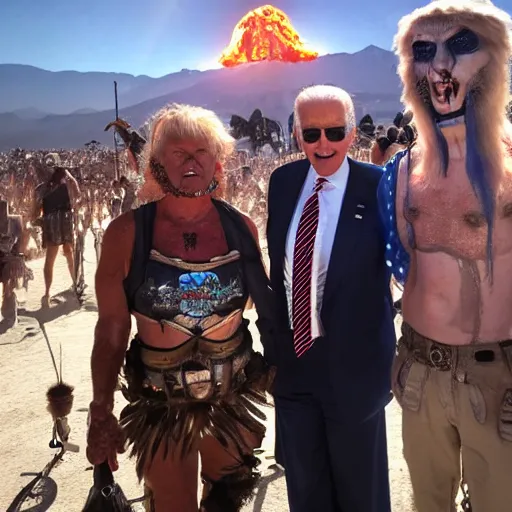 Prompt: photo of evil Joe Biden attending burning man with ecofeminist xenofeminist Donald Trump and a catboy Nick Land, photorealism, extremely detailed, soft lightning, playa, HD