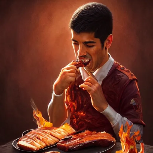 Prompt: Luis Suarez eating BBQ ribs, D&D, fantasy, intricate, elegant, highly detailed, digital painting, artstation, concept art, matte, sharp focus, illustration, art by Artgerm and Greg Rutkowski and Alphonse Mucha