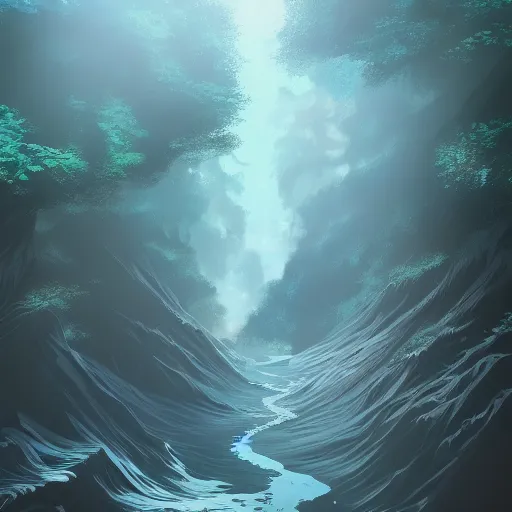 Prompt: far deep drop, to the sky to the top, lakes we cross to see the trees, lost and gone, suffer disease, trending on artstation, anime style 4 k