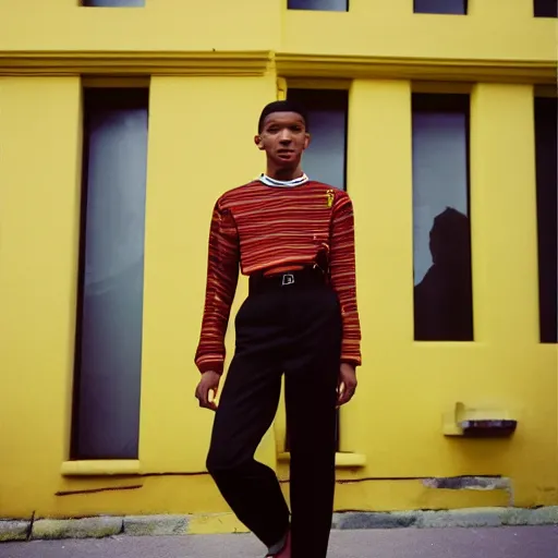 Image similar to realistic photoshooting for a new prada lookbook, color film photography, photo in style of tyler mitchell, 3 5 mm,