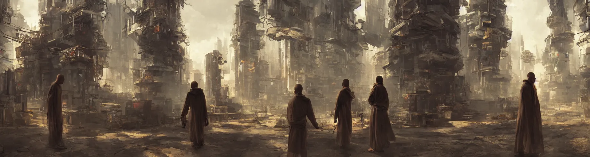 Image similar to monk meditation in a cyberpunk world with people walking around wearing vr headset by eugene von guerard, ivan shishkin, concept art, trending on artstation