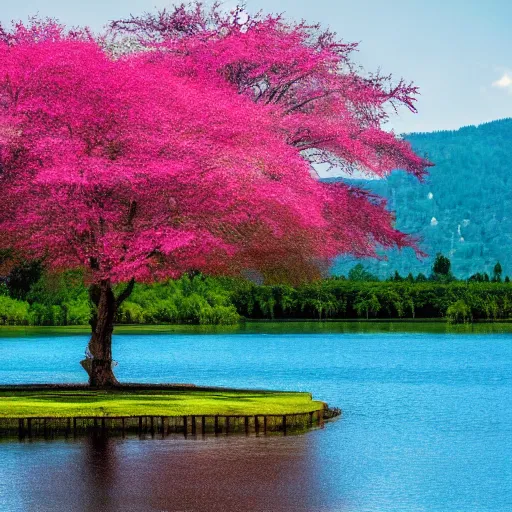 Image similar to Pink tree beside a large lake, landscape in the style of the lego movie