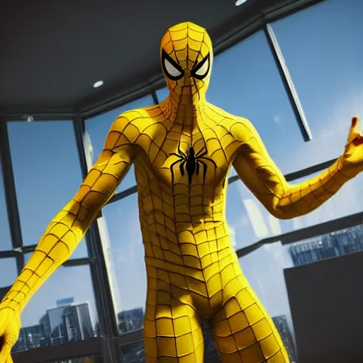 Prompt: still photo of yellow spider - man, highly detailed, photorealistic portrait, bright studio setting, studio lighting, crisp quality and light reflections, unreal engine 5 quality render