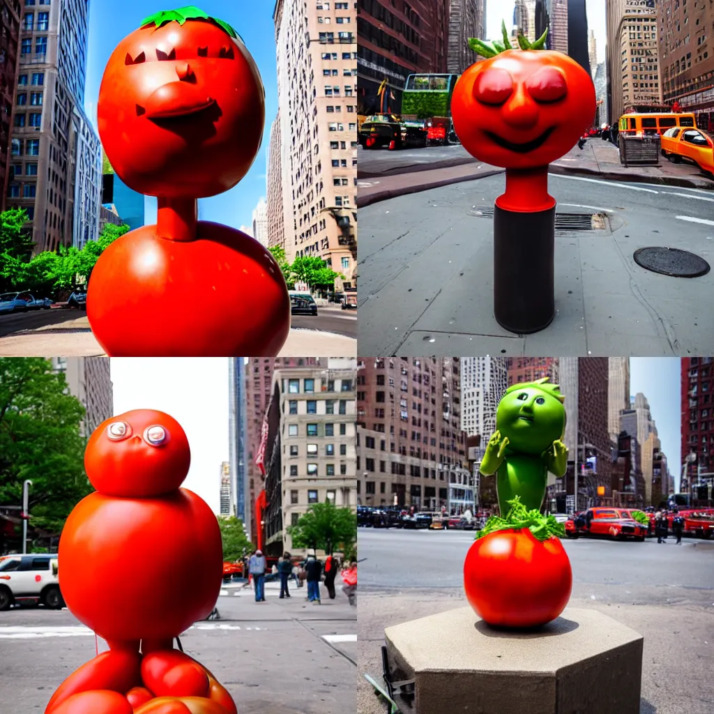 Prompt: a photograph of a humanoid tomato statue saluting, it has a tomato as a head, in the middle of new york, shot with premium dslr camera