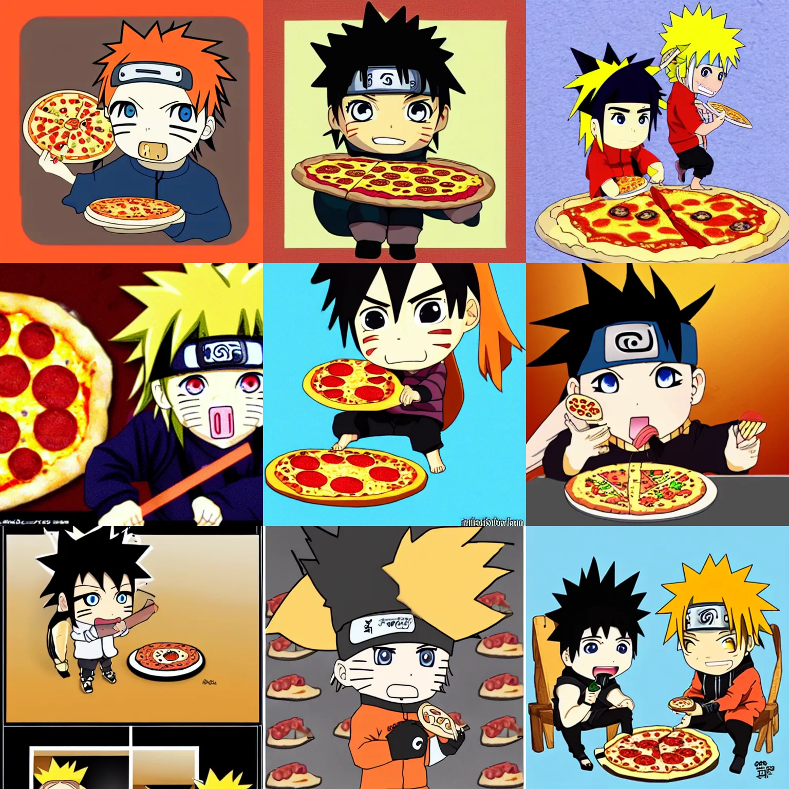 Prompt: Chibi Naruto eating pizza