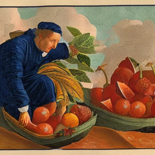 Prompt: Noah filling the ship with luxury fruits during the great flood