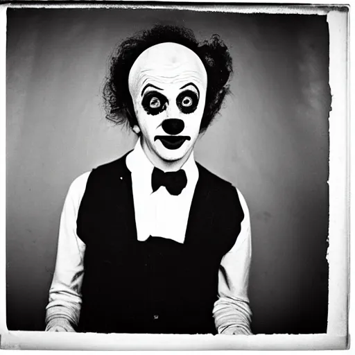 Image similar to portrait of clown by diane arbus, black and white photography