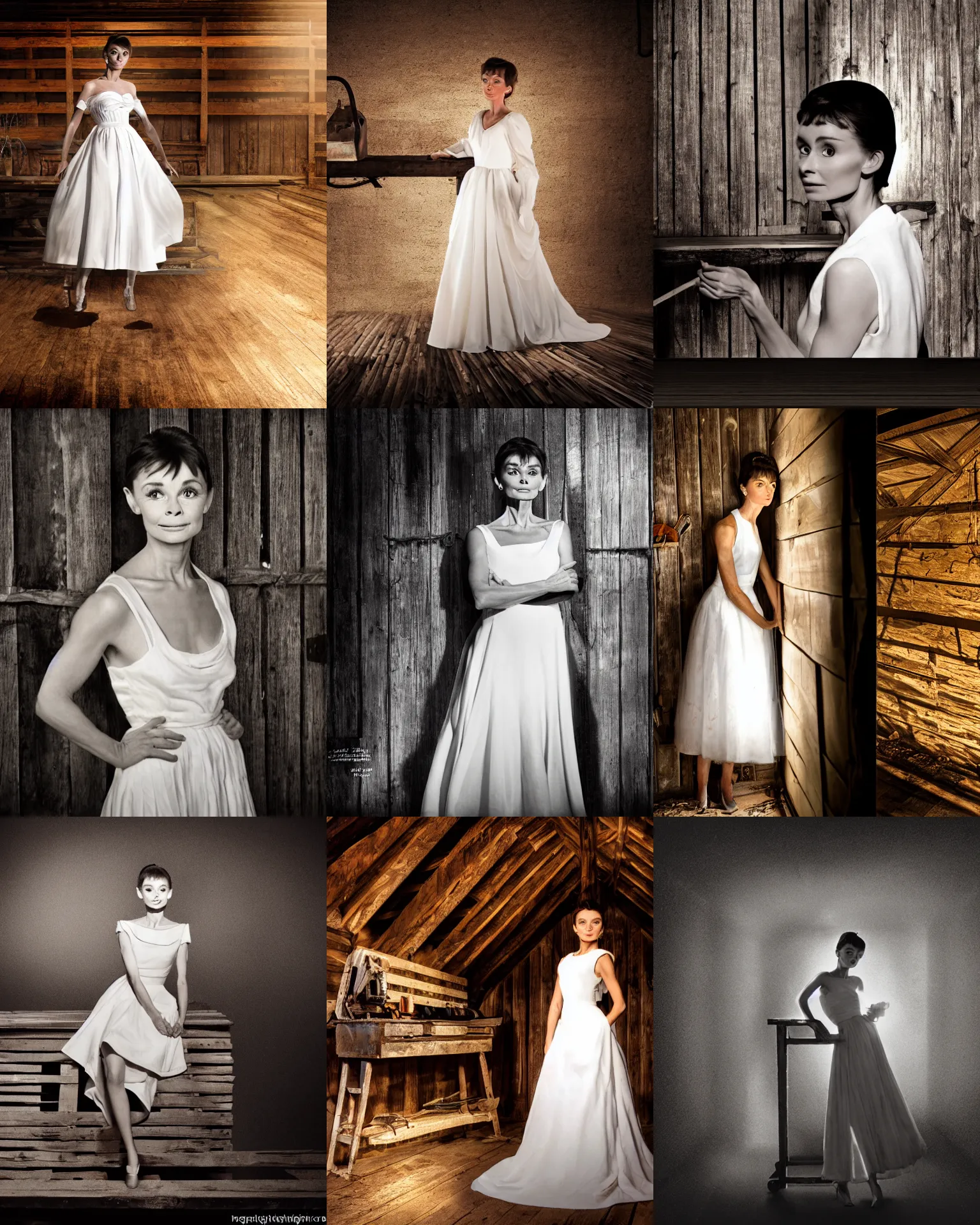 Prompt: eddie mendoza. composition : medium shot. style : digital art ; studio lighting ; 4 k. scenery : the inside of a dark barn ; a light is shining through some cracks in the planks. subject : audrey hepburn ; wearing a white dress ; her amber eyes shine in the darkness. action : hiding behind a workbench.