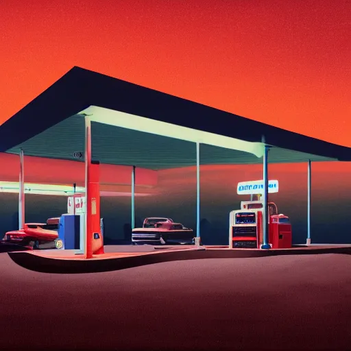 Image similar to a matte painting of a gas station at night by emiliano ponzi, james gilleard, george ault, david hockney, albert namatjira, minimalist, bauhaus, retrofuturism, postminimalism, concept art, matte background, matte drawing, space art, generative art