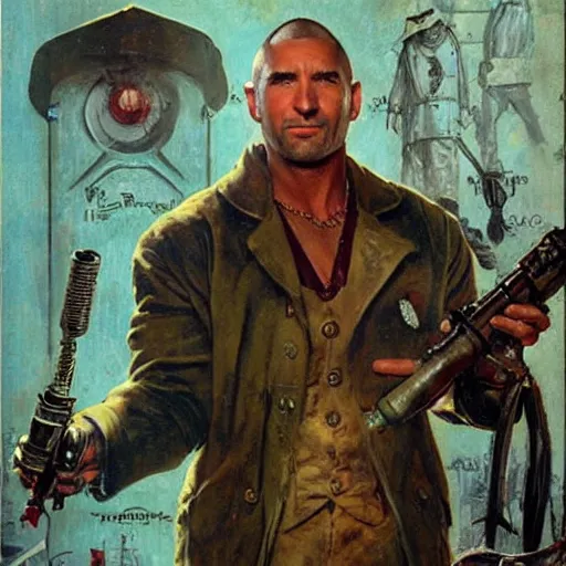 Image similar to dave bautista as sapper morton from blade runner is very proud of his tiny spectacles and boasts about them to a witch, painted by norman rockwell and tom lovell and frank schoonover