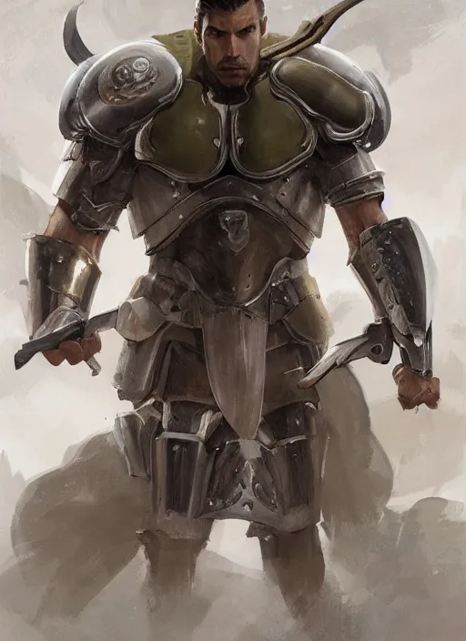 Image similar to a professional painting of a muscular young male, clothed in military armor, olive skin, long dark hair, beautiful bone structure, well defined physique, symmetrical facial features, intricate, elegant, digital painting, concept art, smooth, sharp focus, illustration, from Knights of the Old Republic, by Ruan Jia and Mandy Jurgens and Artgerm and William-Adolphe Bouguerea