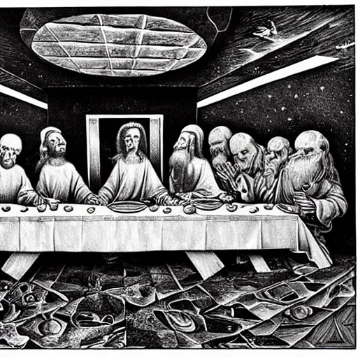 Image similar to the last supper, planetoid by mc escher