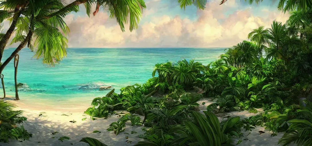 Prompt: beautiful tropical island beach, lush vegetation, white sand beach, tropic plants and flowers, clear water, dramatic lighting, cinematic, establishing shot, extremely high detail, foto realistic, cinematic lighting, post processed, concept art, artstation, thick oil painting, style by greg carter