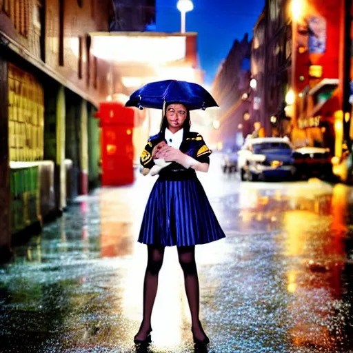 Image similar to night flash portrait photography of a high school girl in uniform on the lower east side by annie leibovitz, colorful, nighttime!, raining!