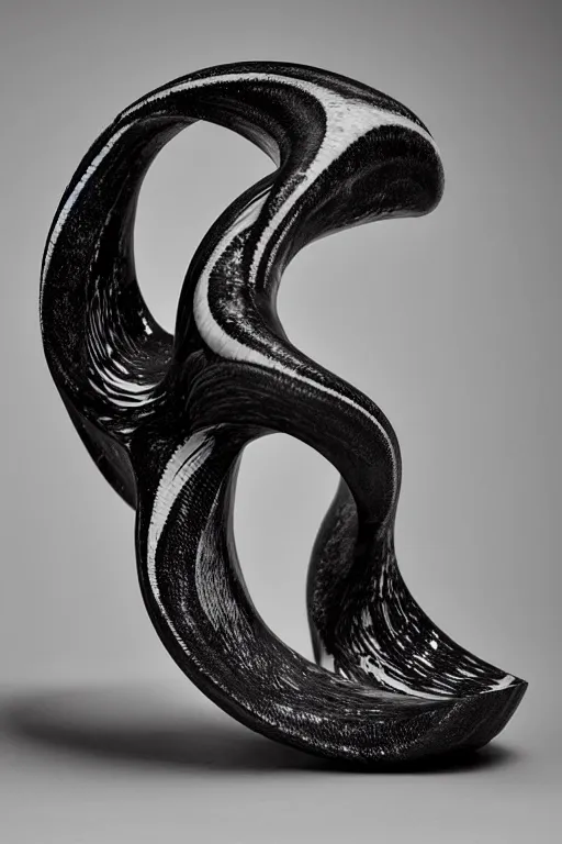 Image similar to a beautiful crafted and rendered black abstract, porcelain sculpture, with many details, that is turning itself inside, rotated and twisted, hyperrealistic and high details and minimalistic ornaments