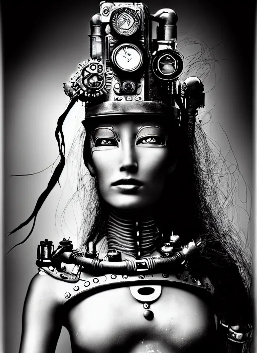 Image similar to photography of beautyful female android steampunk by sebastiao salgado,