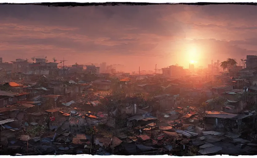 Image similar to beautiful landscape painting of the slums of tondo manila, sunrise, god's rays highly detailed, vivid color, cinematic lighting, perfect composition, 8 k, gustave dore, derek zabrocki, greg rutkowski, belsinski, octane render