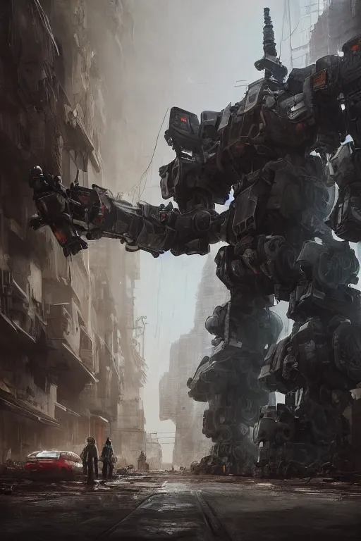 Prompt: ultra realist and ultra intricate detailed soft painting of a large mecha, standing in a post-apocalyptic street, sensual gloomy style, volumetric clouds, artstation, unreal render, depth of field