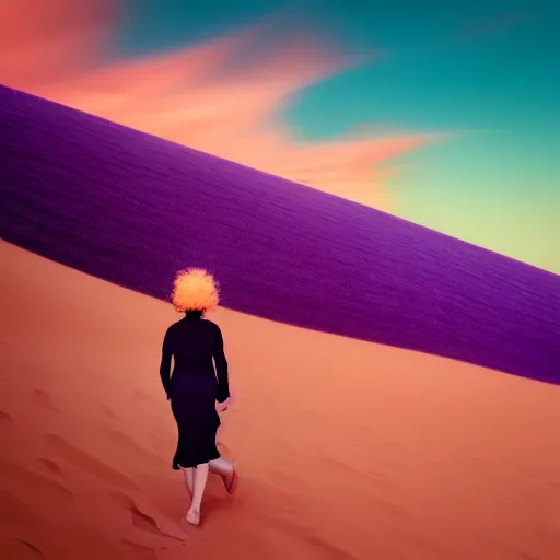 Image similar to portrait, giant purple dahlia flower head, girl walking between dunes, surreal photography, sunrise, blue sky, dramatic light, impressionist painting, digital painting, artstation, simon stalenhag