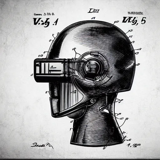 Image similar to a patent drawing of an intricate detailed vr headset from the future in the shape of a medieval knight helmet, extremely detailed alien technology vr!!! headset, with arrows and side angels