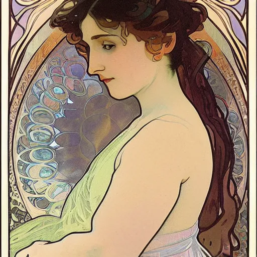 Image similar to A delicate painting of a pregnant woman sitting at a pond, by Alphonse Mucha, art nouveau, detailed, elegant
