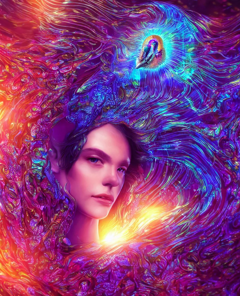 Image similar to dichroic close-up macro portrait of the face of a beautiful princess, epic angle and pose, symmetrical artwork, 3d with depth of field, blurred background, cybernetic jellyfish female face skull phoenix bird, translucent, nautilus, energy flows of water and fire. a highly detailed epic cinematic concept art CG render. made in Maya, Blender and Photoshop, octane render, excellent composition, cinematic dystopian brutalist atmosphere, dynamic dramatic cinematic lighting, aesthetic, very inspirational, arthouse. y Greg Rutkowski, Ilya Kuvshinov, WLOP, Stanley Artgerm Lau, Ruan Jia and Fenghua Zhong