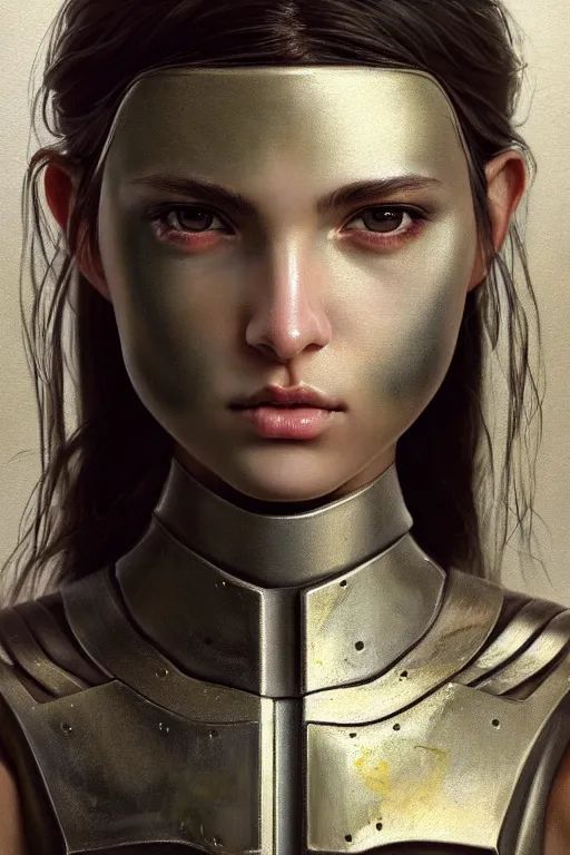 Image similar to a photorealistic painting of an attractive young girl, partially clothed in metal-plated battle armor, olive skin, long dark hair, beautiful bone structure, symmetrical face, perfect eyes, intricate, elegant, digital painting, concept art, illustration, sharp focus, minimal artifacts, from Metal Gear, in the style of Ruan Jia and Mandy Jurgens and Greg Rutkowski, trending on Artstation, award winning