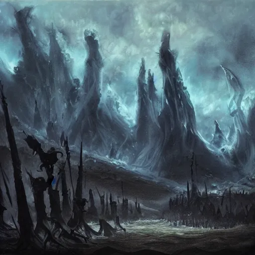 Prompt: big dark landscape, fantasy world, chilling overwhelming oil painting, brutal unforgiving creatures waiting in the shadows, hopeless and dreadful sounds of tortured people