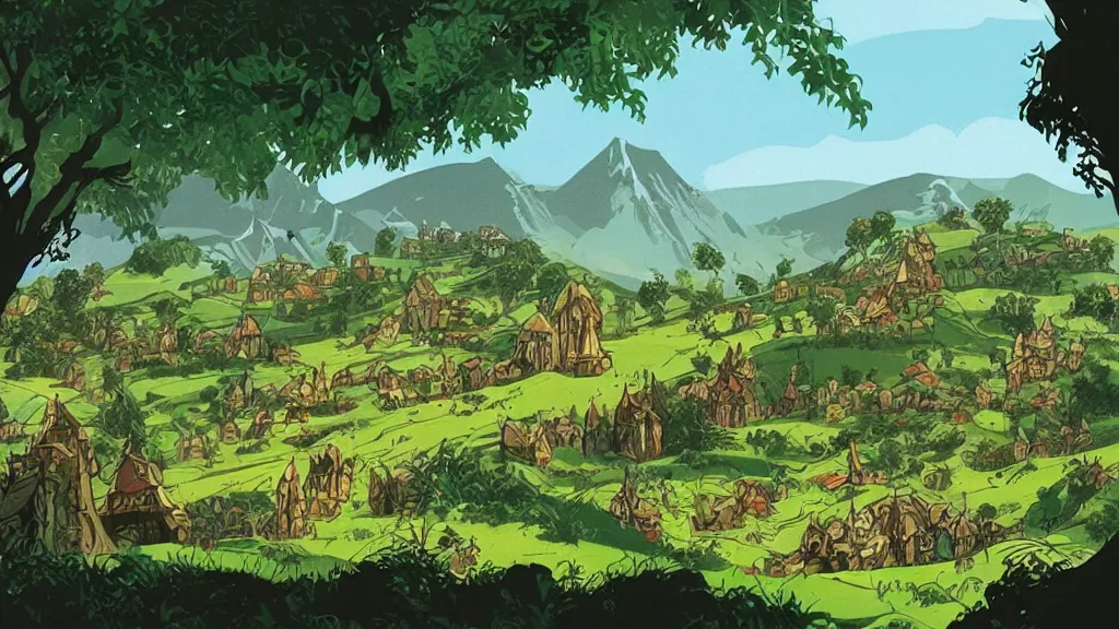 Image similar to a genndy tartakovsky illustration of the shire from lord of the rings