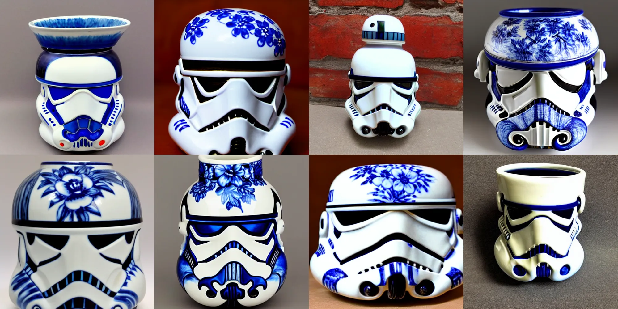 Prompt: ebay. stormtrooper head vase, with highly detailed painted durch ceramics, blue detailed flowers, art pottery, delftware, by james jean
