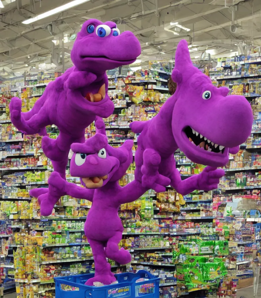 Image similar to barney the dinosaur takes over tesco