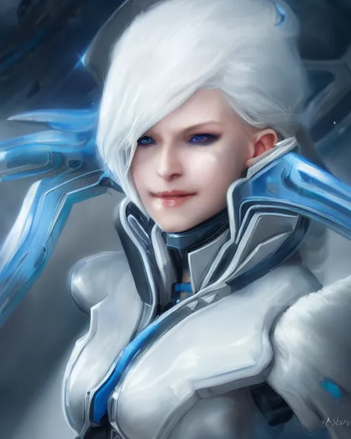 Image similar to perfect white haired girl, warframe armor, beautiful, pretty face, blue eyes, detailed, windy weather, scifi, smiling, platform, laboratory, experiment, 4 k, ultra realistic, epic lighting, glow, high detail, masterpiece, by akihito tsukushi, charlie bowater, ross tran