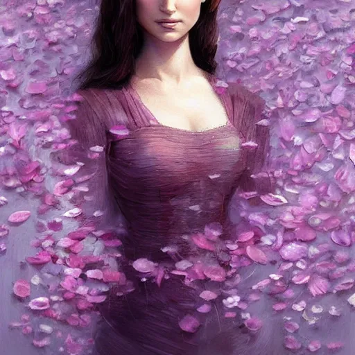 Prompt: the professional, pink petals with a a bored natalie portman mixed with mona lisa, intricate, elegant, highly detailed, wonderful eyes, sweet, digital painting, artstation, concept art, smooth, sharp focus, illustration, art by artgerm and greg rutkowski and concept art, rectilinear vaporwave