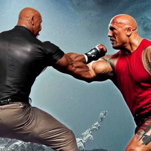 Prompt: Photograph of Elon Musk fighting Dwayne Johnson. Extremely detailed. 4K.