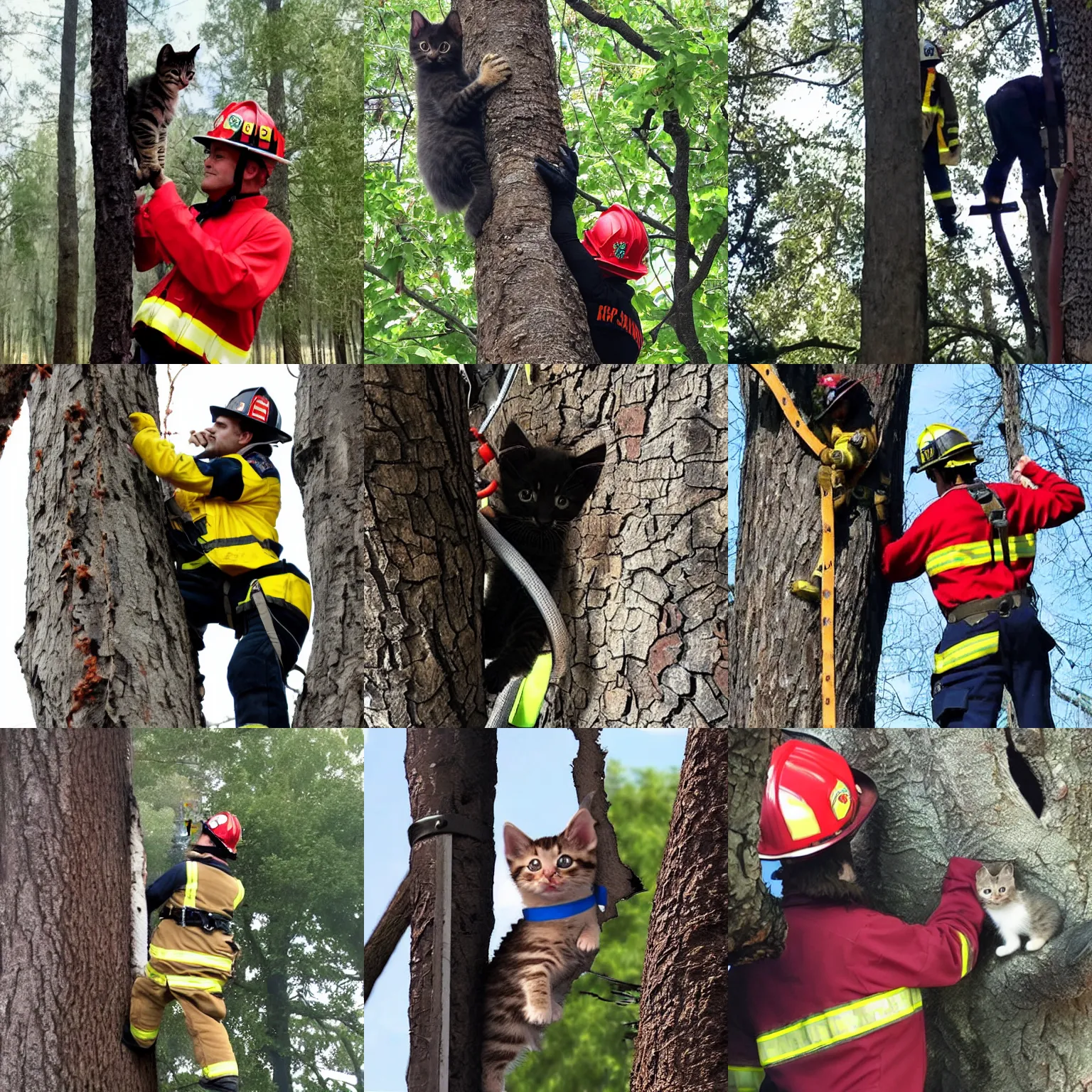 Prompt: kitten in a firefighter suit trying to save a human stuck in a tree