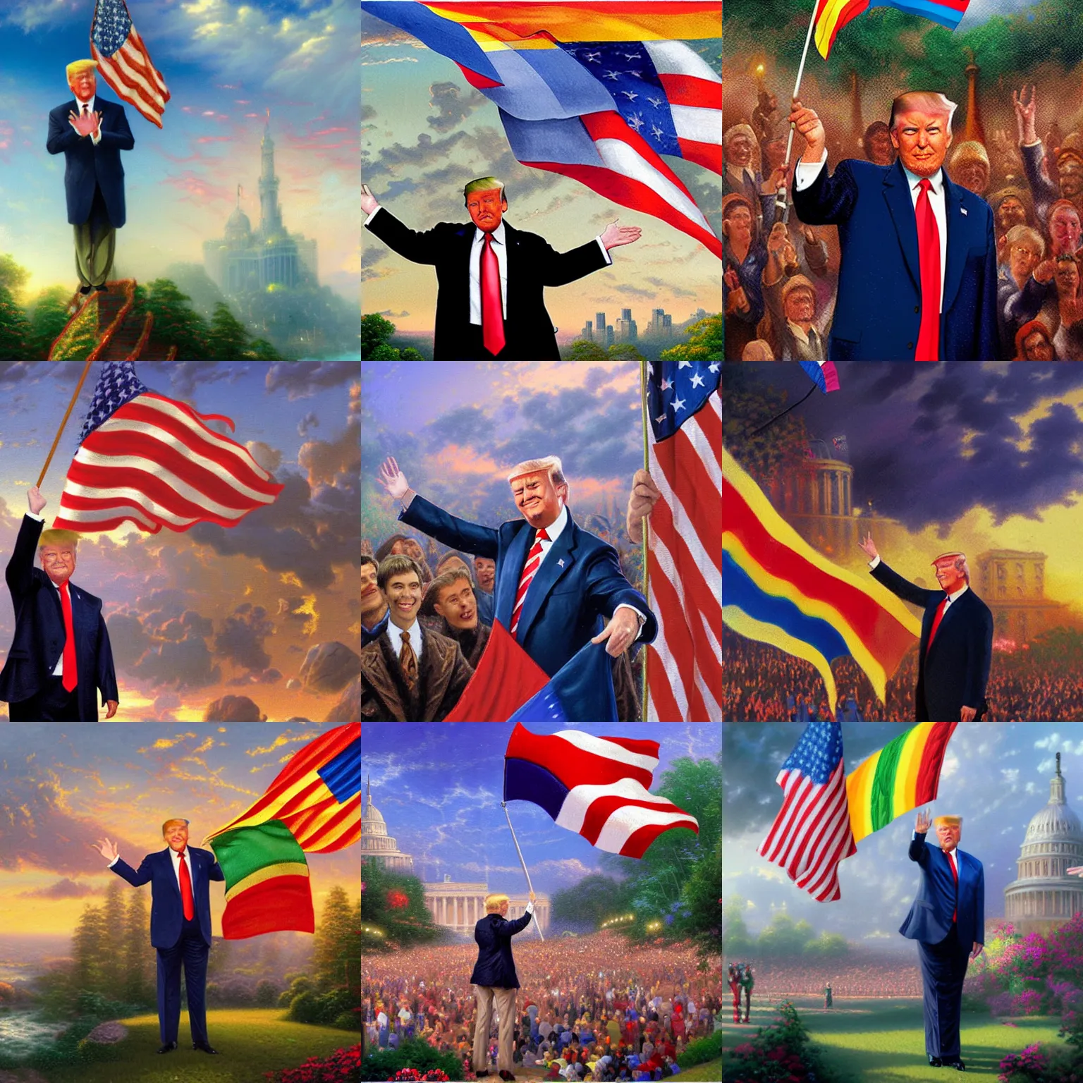 Prompt: a matte painting of trump waving a pride flag by thomas kinkade