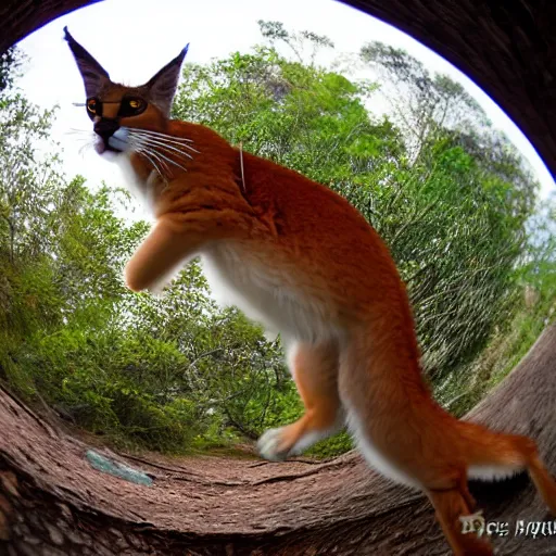 Image similar to fisheye photo of a caracal hissing