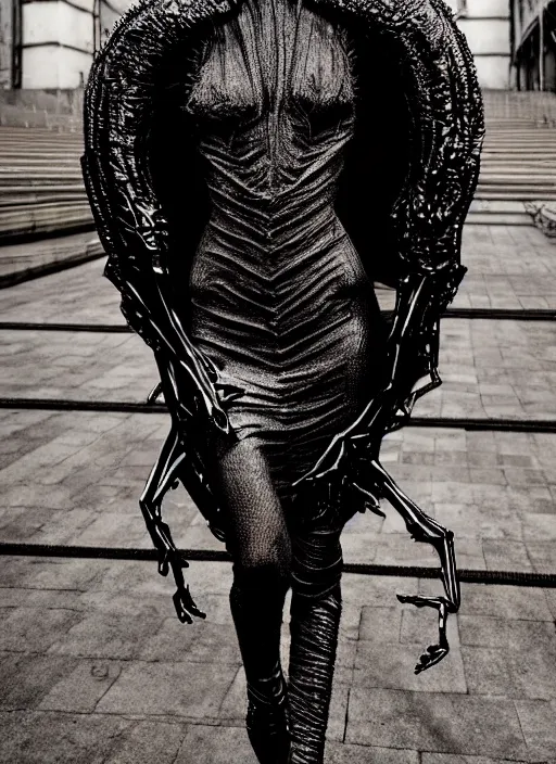 Image similar to walking down the catwalk, steven klein, show, stage, vogue photo, podium, fashion show photo, historical baroque dress dark, iris van herpen, beautiful woman, full body shot, masterpiece, intricate, biopunk, guyver, highly detailed