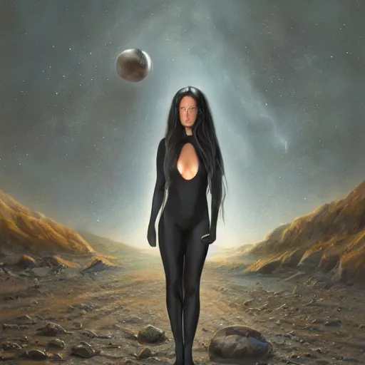 Image similar to pleiadian woman with big eyes and long silver hair wearing a dark body suit and wielding a plasma gun as a realistic sci fi character, portrait art by donato giancola and greg rutkowski, digital art, trending on artstation, standing in a barren field