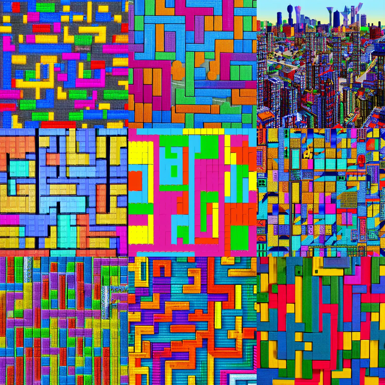Prompt: city birds eye view, tetris, colourful