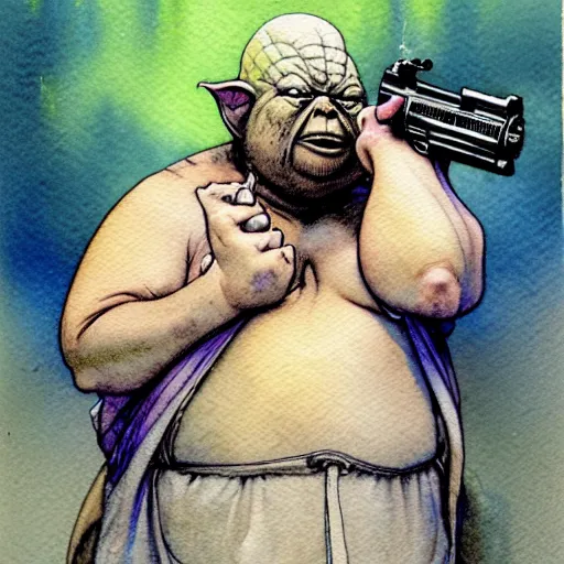 Prompt: a realistic and atmospheric watercolour fantasy character concept art portrait of a fat sleazy homeless chibi yoda wearing a wife beater and holding a handgun, by rebecca guay, michael kaluta, charles vess and jean moebius giraud