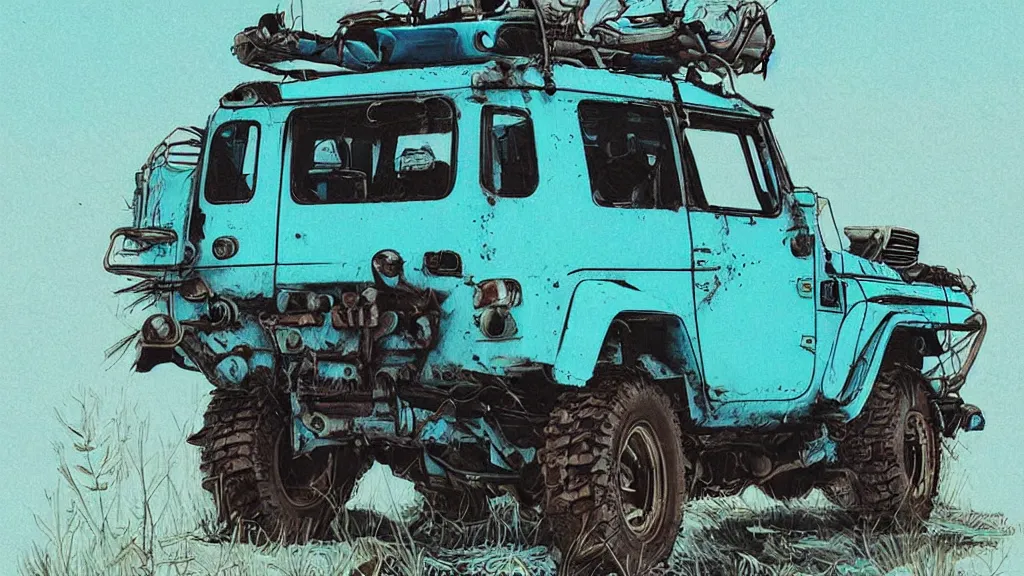 Prompt: digital illustration of a futuristic faded cyan mad max's fj 4 0 decrepit!!! pursuit special, rusty!!!!!!!! cyberpunk nissan fj cruiser heavily modded 1 9 9 0 s, the last v 8 interceptor by makoto shinkai, ilya kuvshinov, lois van baarle, rossdraws, basquiat