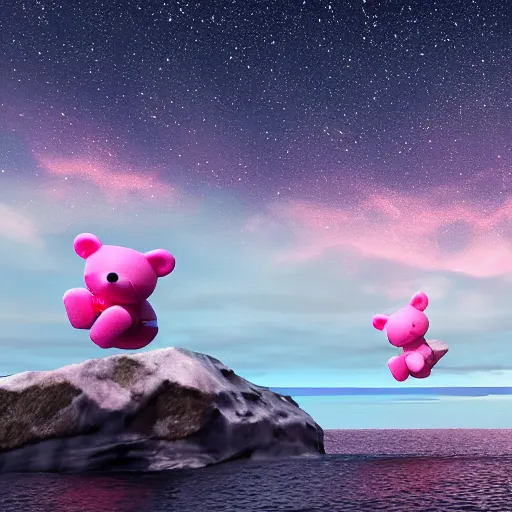 Prompt: a pink teddy bear heads interlink with plastic and metal chains floating in the sky over the Antarctic , unreal engine 5, realistic