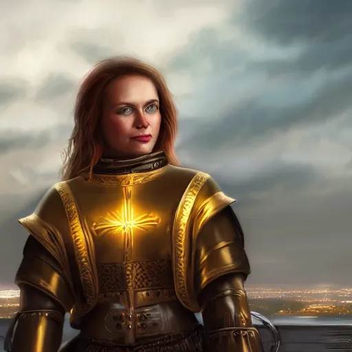 Image similar to susan is on a ship and looking to dramatic golden neon sunset with wall of storm clouds, susan is a medieval woman ship pilot with long side part hair shaved and wearing breastplate, dynamic lighting, hyperrealistic, hd 4 k, artstation