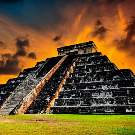 Image similar to sunset over the ruins of the Mayan pyramids, epic, high contrast, sharp focus, landscape