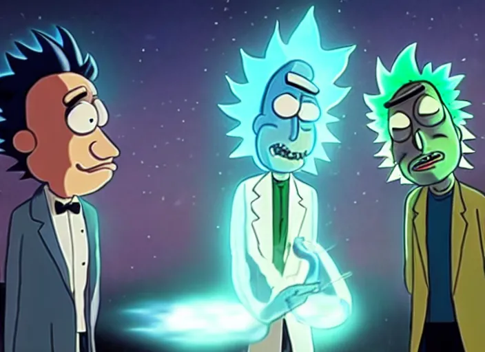 real life film still of rick sanchez and mortimer in, Stable Diffusion