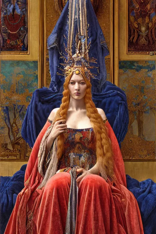 Image similar to coronation portrait of the ice queen, by Donato Giancola and John Bauer and John William Godward and Vermeer, embroidered velvet, iridescent beetles, rich color, ornate headdress, flowing robes, lost runes, ancient civilizations,featured on Artstation, cgisociety, unreal engine, extremely detailed