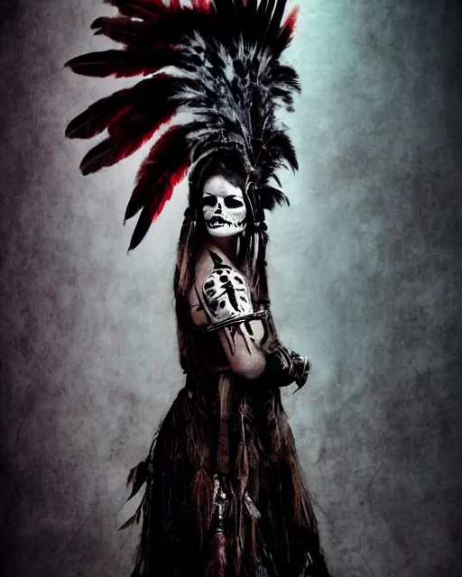 Image similar to lady native sisters ghost - spirit of the grim - warpaint wears the scarlet skull armor and native blood headdress feathers, midnight fog - mist!, dark oil painting colors, realism, cinematic lighting, various refining methods, micro macro autofocus, ultra definition, award winning photo, photograph by ghostwave - gammell - giger - shadowlord